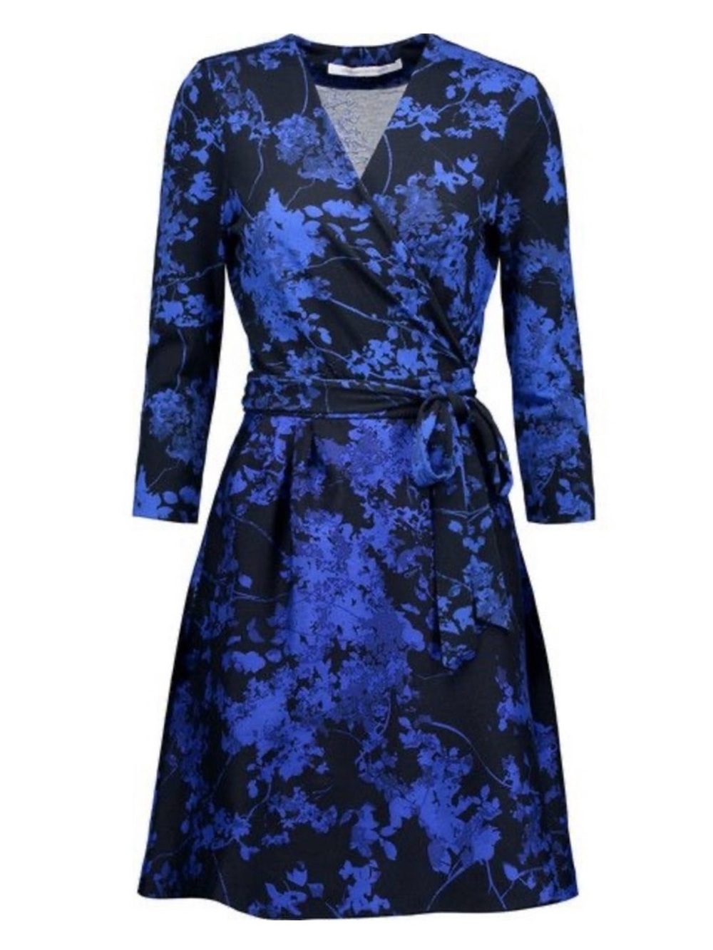 Diane von Furstenberg Valerie Floral Wrap Dress Black Blue Sz 14 Wool Silk Blend